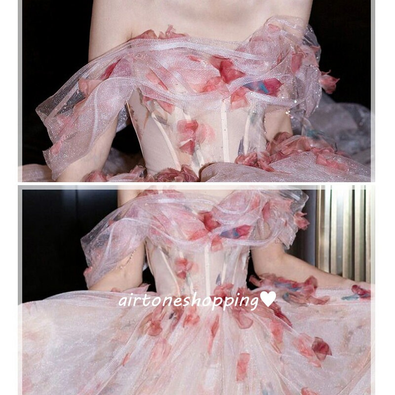 イブニングドレス オフショルダー 花柄 チュール ドレス 姫系 お姫様 ロングドレス 発表会ドレス オフショルダ 結婚式ドレス 二次会ドレス ウェディングドレス 花柄 可愛い ウエディングベール付き