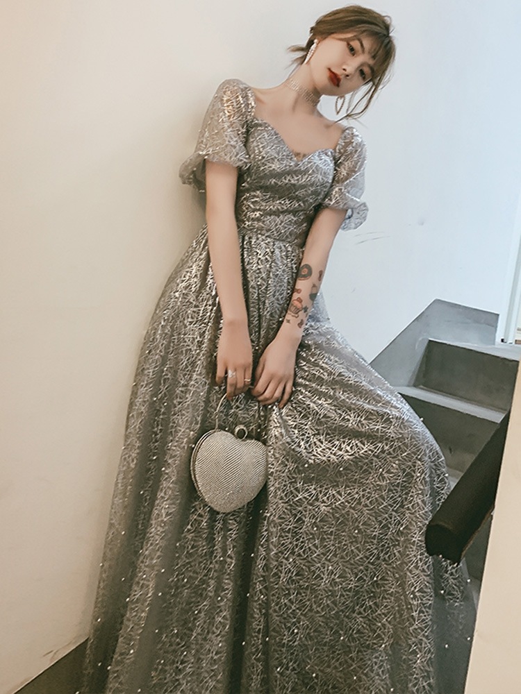 カラードレス ロングドレス 演奏会 発表会 カクテルドレス グレー パススリープ シルバー イブニングドレス 大人 パーティードレス 成人式 卒業式 ファッション
