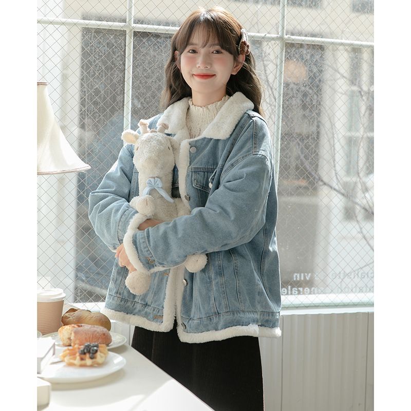 冬の女性用リバーシブルブルーデニムジャケットファッショナブルでシックなデザイン暖かいベルベットトップデニムジャケット 冬の女性用リバーシブルブルーデニムジャケットファッショナブルでシックなデザイン暖かいベルベットトップデニムジャケット