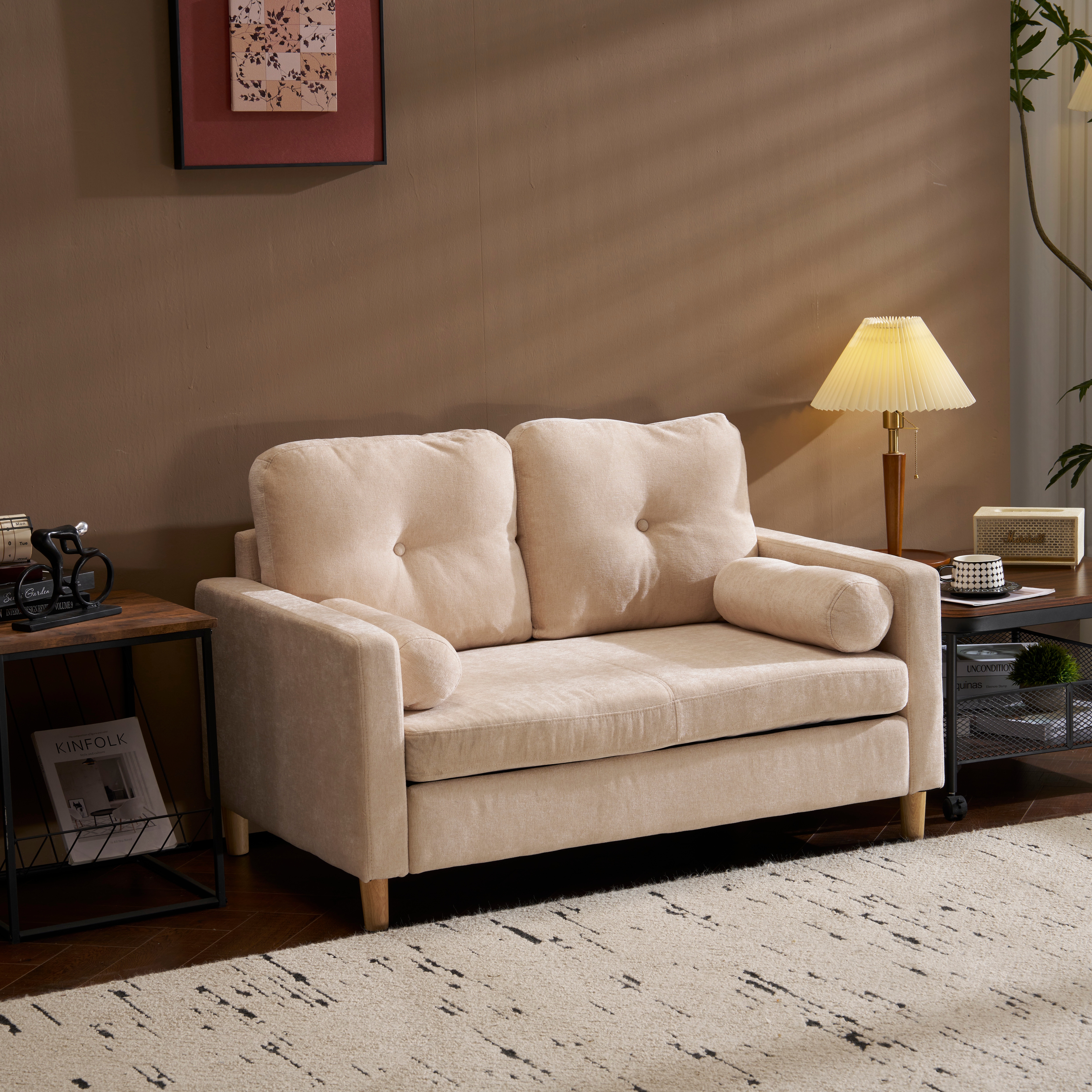 ソファ 二人掛け カウチ 枕付き ソファー おしゃれ 柔軟 ふわふわ 取付可能な脚 柔軟な背もたれ　取り外し可能な背もたれ コンパクト 一人暮らしGG9920 khaki FabricG157