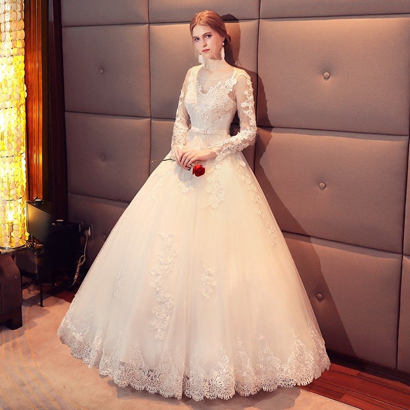 ウエディングドレス 結婚式 二次会 ウェディングドレス 花嫁 エンパイア 長袖 安い プリンセス 披露宴 ロングドレス ブライダル 白 サッシュベルト