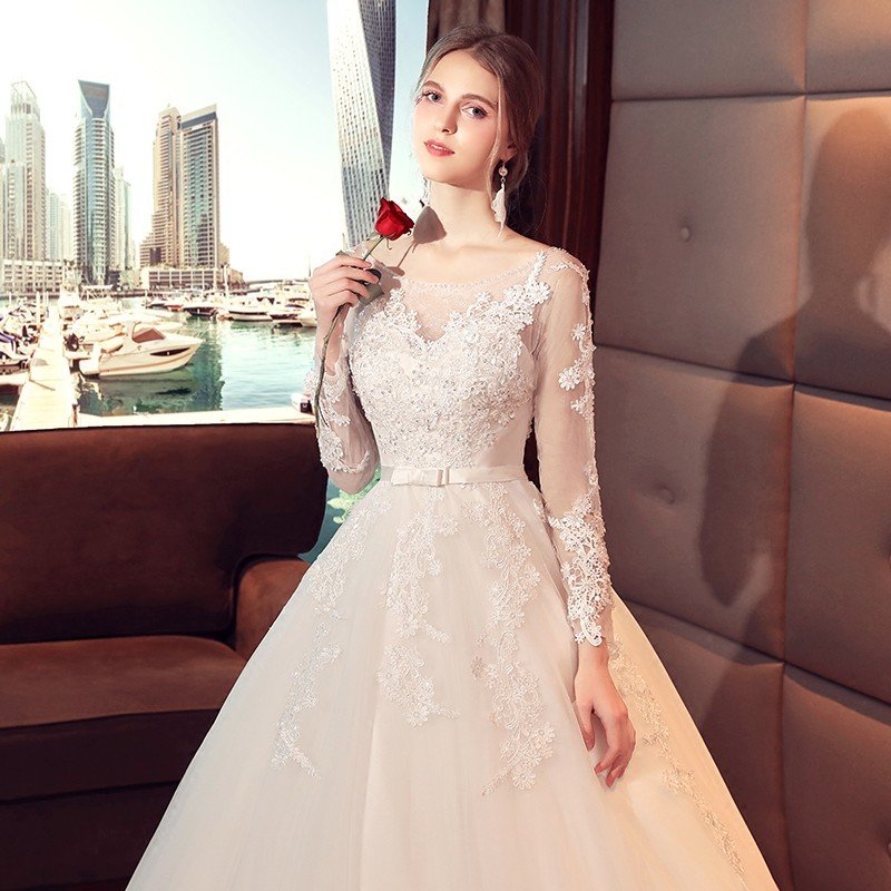 ウエディングドレス 結婚式 二次会 ウェディングドレス 花嫁 エンパイア 長袖 安い プリンセス 披露宴 ロングドレス ブライダル 白 サッシュベルト