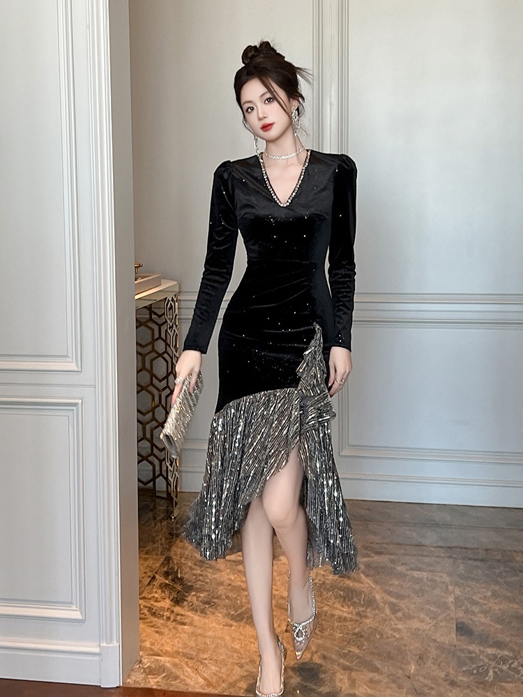 【JY.上品】 2025秋冬新品 Vネック ワンピース 不規則裾 ドレス パーティー キャバ 大人 同窓会 披露宴 卒業式 結婚式 演奏会 ウェディング 二次会 メガ割