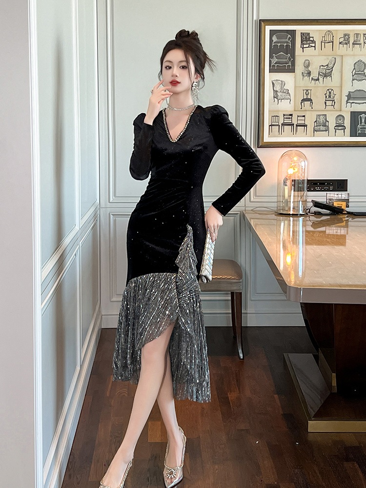 【JY.上品】 2025秋冬新品 Vネック ワンピース 不規則裾 ドレス パーティー キャバ 大人 同窓会 披露宴 卒業式 結婚式 演奏会 ウェディング 二次会 メガ割