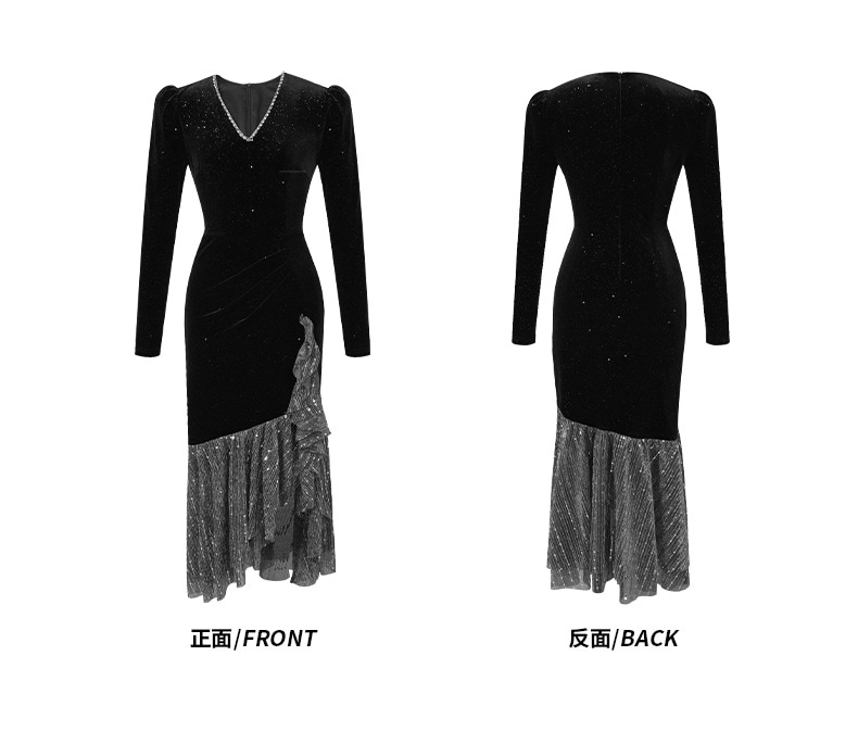 【JY.上品】 2025秋冬新品 Vネック ワンピース 不規則裾 ドレス パーティー キャバ 大人 同窓会 披露宴 卒業式 結婚式 演奏会 ウェディング 二次会 メガ割