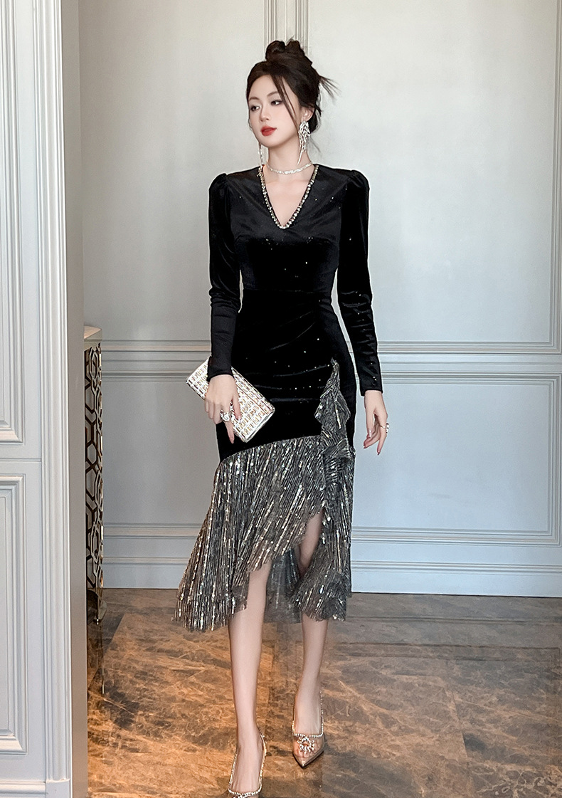 【JY.上品】 2025秋冬新品 Vネック ワンピース 不規則裾 ドレス パーティー キャバ 大人 同窓会 披露宴 卒業式 結婚式 演奏会 ウェディング 二次会 メガ割