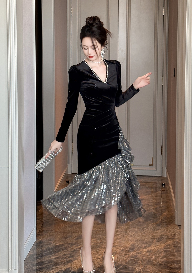 【JY.上品】 2025秋冬新品 Vネック ワンピース 不規則裾 ドレス パーティー キャバ 大人 同窓会 披露宴 卒業式 結婚式 演奏会 ウェディング 二次会 メガ割