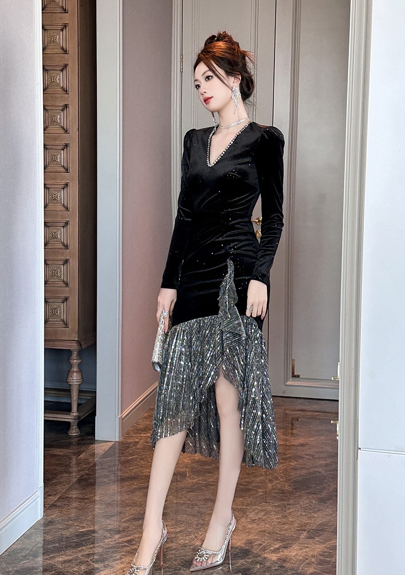 【JY.上品】 2025秋冬新品 Vネック ワンピース 不規則裾 ドレス パーティー キャバ 大人 同窓会 披露宴 卒業式 結婚式 演奏会 ウェディング 二次会 メガ割