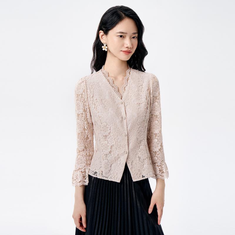 レディース シャツ ブラウス 長袖 春 エレガント レース ベルスリーブ トップス 柔らかい Vネック ボタン きれいめ セレモニー ビジネス ミセス ピンク