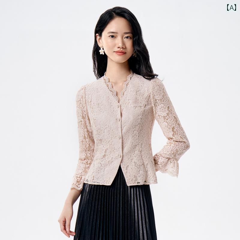 レディース シャツ ブラウス 長袖 春 エレガント レース ベルスリーブ トップス 柔らかい Vネック ボタン きれいめ セレモニー ビジネス ミセス ピンク