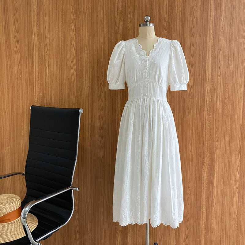 ワンピース 上着 人気 おすすめ おしゃれ お洒落 激安 安い プチプラ 半袖 Vネック ふわふわ パフスリーブ ふんわり Aライン 膝丈 花柄 レース 可愛い かわいい 韓国 シンプル l