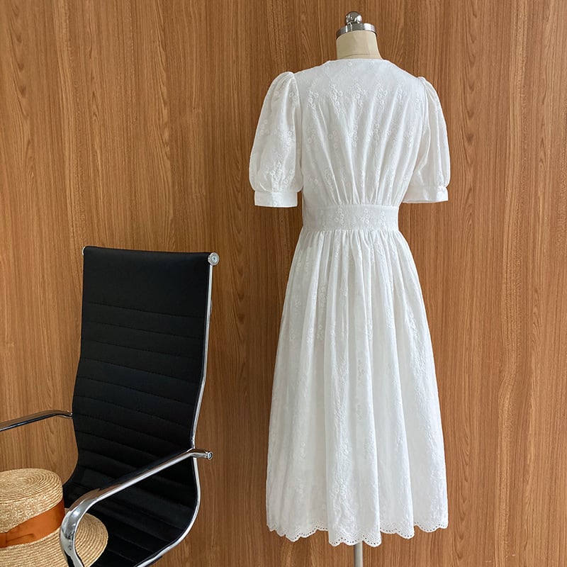 ワンピース 上着 人気 おすすめ おしゃれ お洒落 激安 安い プチプラ 半袖 Vネック ふわふわ パフスリーブ ふんわり Aライン 膝丈 花柄 レース 可愛い かわいい 韓国 シンプル l