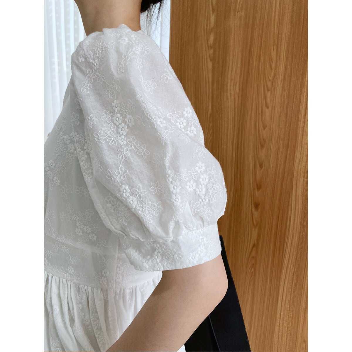 ワンピース 上着 人気 おすすめ おしゃれ お洒落 激安 安い プチプラ 半袖 Vネック ふわふわ パフスリーブ ふんわり Aライン 膝丈 花柄 レース 可愛い かわいい 韓国 シンプル l