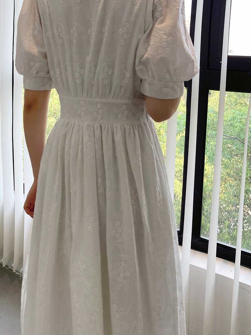 ワンピース 上着 人気 おすすめ おしゃれ お洒落 激安 安い プチプラ 半袖 Vネック ふわふわ パフスリーブ ふんわり Aライン 膝丈 花柄 レース 可愛い かわいい 韓国 シンプル l