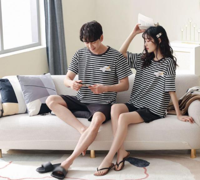 【ペア価格】ペアルックパジャマ 上下セット カップルペアルック ルームウェア ペアパジャマ半袖　パジャマペアルックお揃い 夏 可愛い ギフト お誕生日 ストライプ 結婚 綿 寝巻き 部屋着