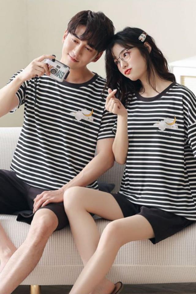 【ペア価格】ペアルックパジャマ 上下セット カップルペアルック ルームウェア ペアパジャマ半袖　パジャマペアルックお揃い 夏 可愛い ギフト お誕生日 ストライプ 結婚 綿 寝巻き 部屋着