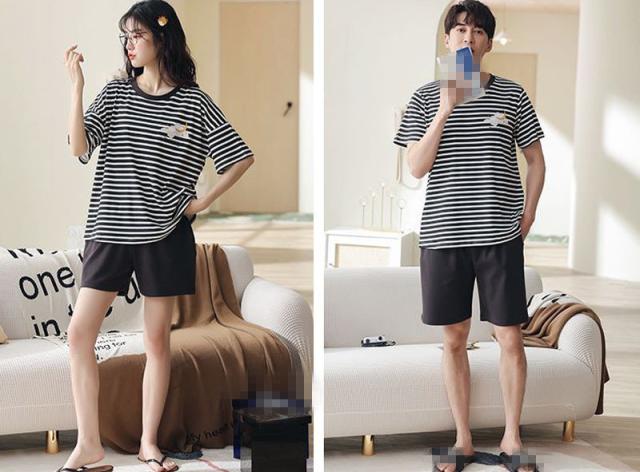 【ペア価格】ペアルックパジャマ 上下セット カップルペアルック ルームウェア ペアパジャマ半袖　パジャマペアルックお揃い 夏 可愛い ギフト お誕生日 ストライプ 結婚 綿 寝巻き 部屋着