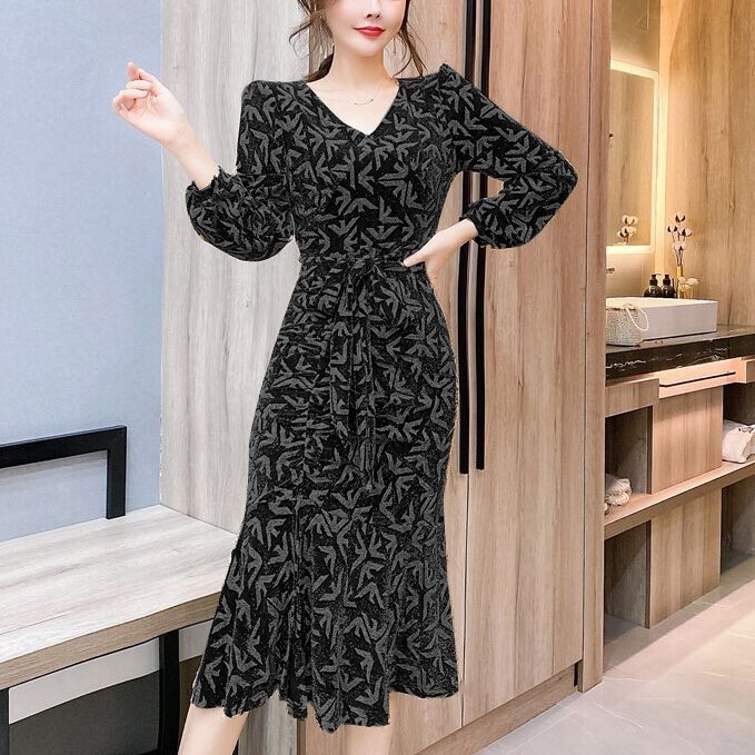 秋 冬 新作 ワンピース ドレス 洋風 Vネック スリム ウエスト レディース スプリットエンド