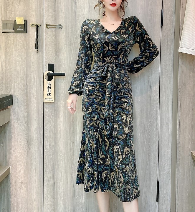 秋 冬 新作 ワンピース ドレス 洋風 Vネック スリム ウエスト レディース スプリットエンド