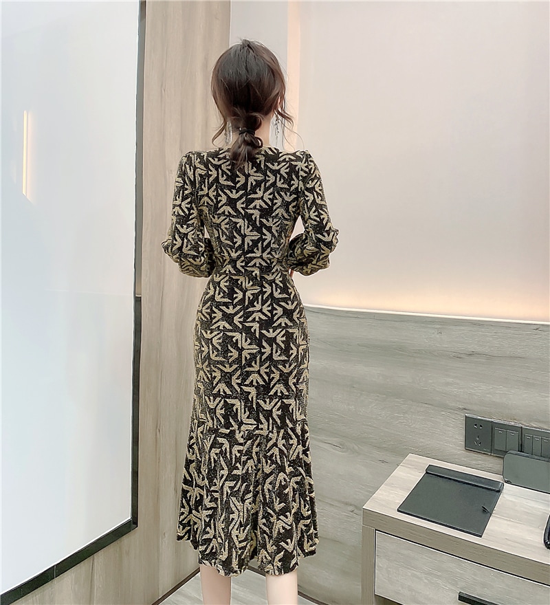 秋 冬 新作 ワンピース ドレス 洋風 Vネック スリム ウエスト レディース スプリットエンド