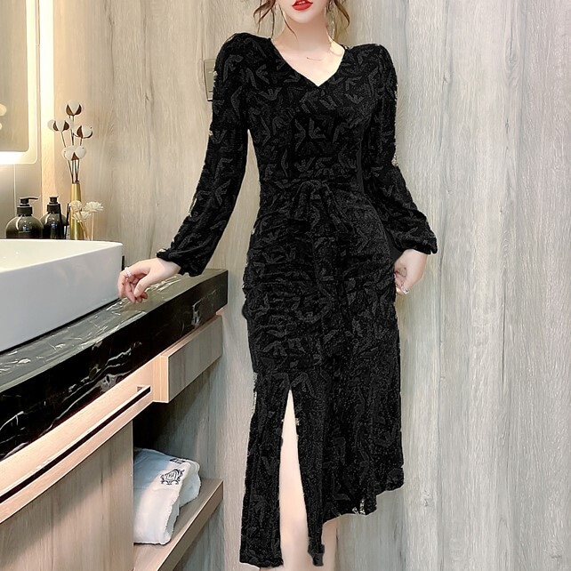 秋 冬 新作 ワンピース ドレス 洋風 Vネック スリム ウエスト レディース スプリットエンド