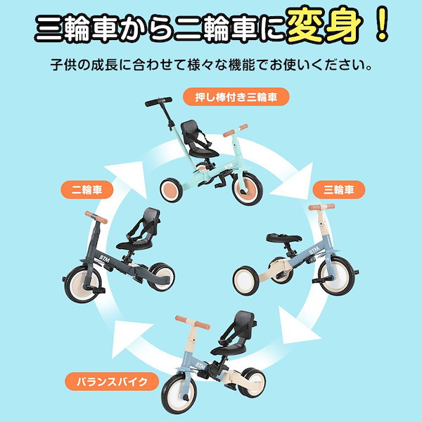 子供用三輪車 4in1新色 三輪車のりもの押し棒付き自転車おもちゃ 乗用