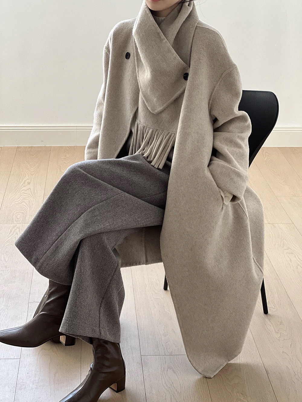 スカーフ取り外し可能ツイードコートレディース2024秋冬新作ミディアムレングス両面ツイードジャケット編