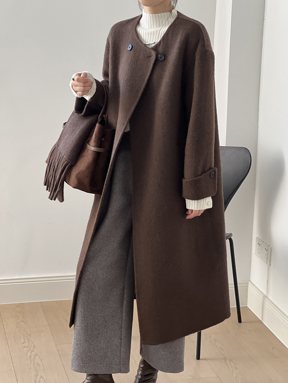 スカーフ取り外し可能ツイードコートレディース2024秋冬新作ミディアムレングス両面ツイードジャケット編