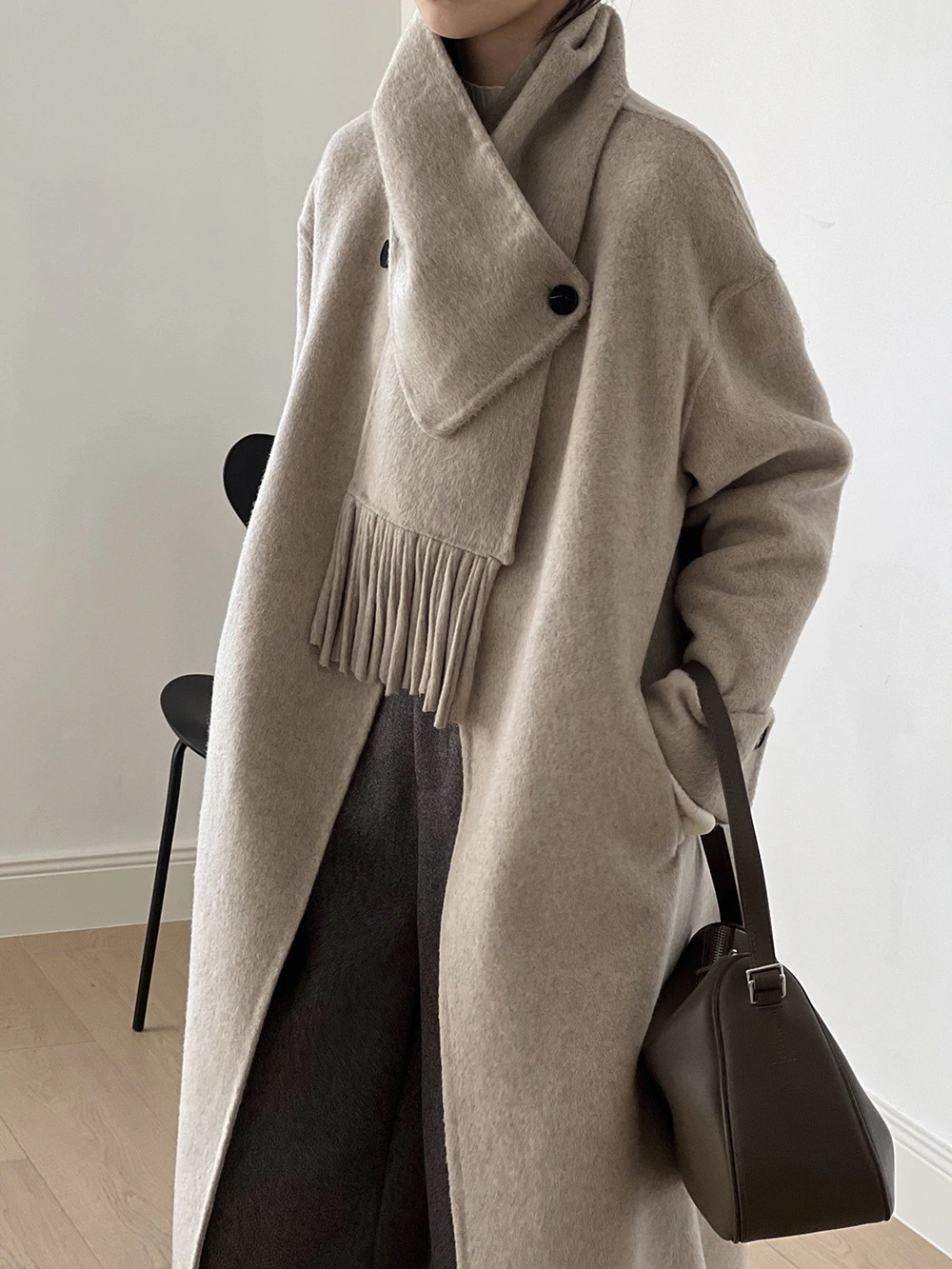 スカーフ取り外し可能ツイードコートレディース2024秋冬新作ミディアムレングス両面ツイードジャケット編