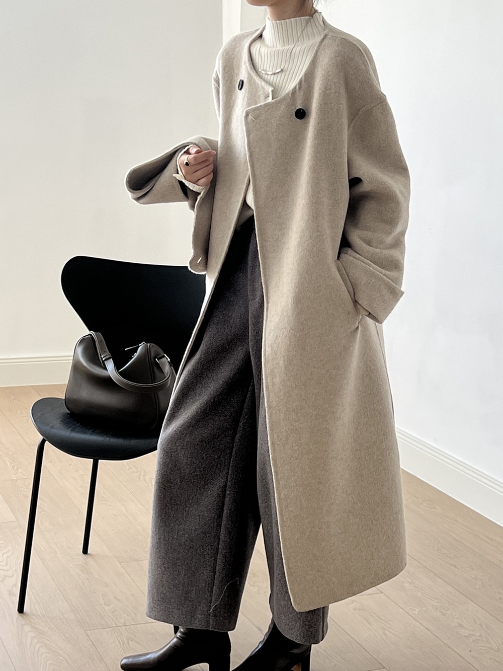 スカーフ取り外し可能ツイードコートレディース2024秋冬新作ミディアムレングス両面ツイードジャケット編