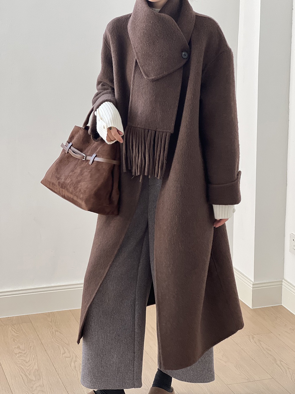 スカーフ取り外し可能ツイードコートレディース2024秋冬新作ミディアムレングス両面ツイードジャケット編