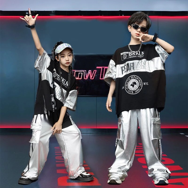子供の街のダンスのスーツは街の男の子のヒップホップの銀色の半袖の子供のhiphopのショーの棚の太鼓の出演する服の潮を揚げます