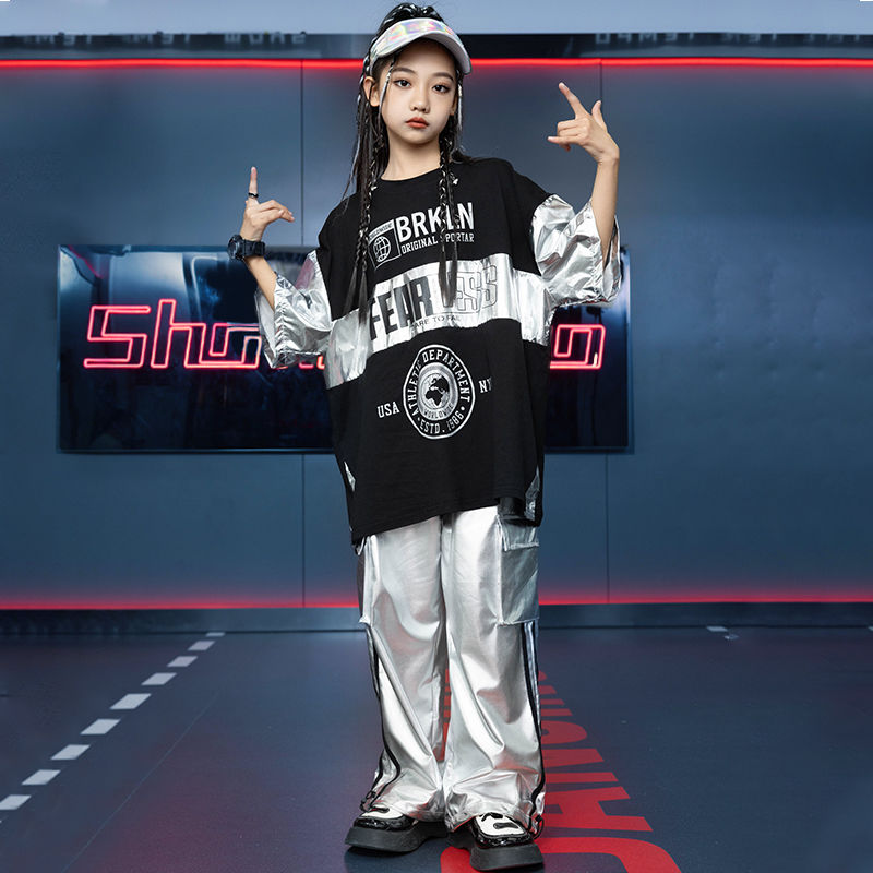 子供の街のダンスのスーツは街の男の子のヒップホップの銀色の半袖の子供のhiphopのショーの棚の太鼓の出演する服の潮を揚げます
