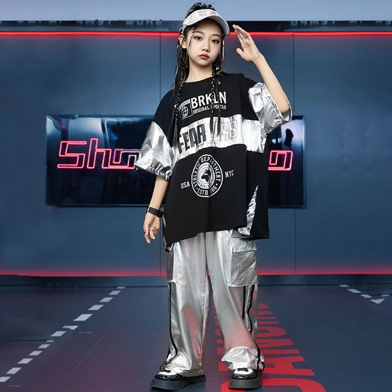 子供の街のダンスのスーツは街の男の子のヒップホップの銀色の半袖の子供のhiphopのショーの棚の太鼓の出演する服の潮を揚げます