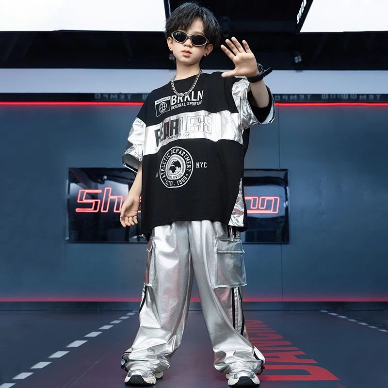 子供の街のダンスのスーツは街の男の子のヒップホップの銀色の半袖の子供のhiphopのショーの棚の太鼓の出演する服の潮を揚げます