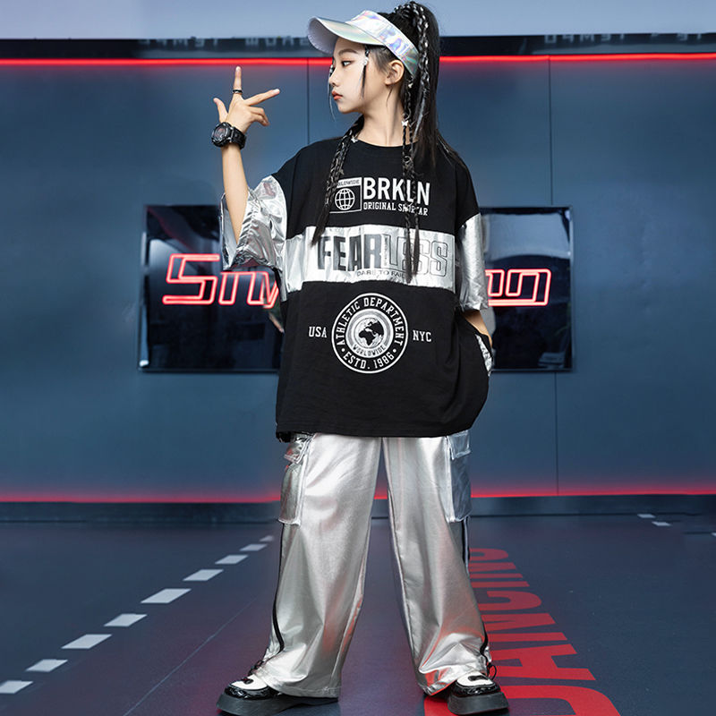 子供の街のダンスのスーツは街の男の子のヒップホップの銀色の半袖の子供のhiphopのショーの棚の太鼓の出演する服の潮を揚げます