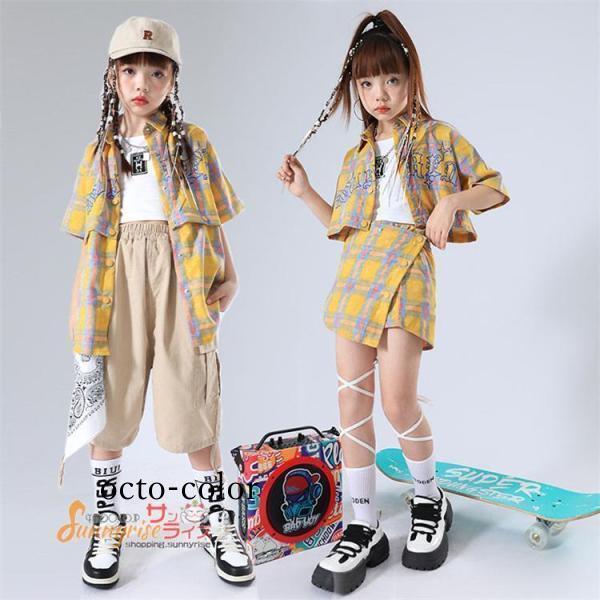 【ROSEBLINK】キッズダンス衣装 チアガール チェック柄シャツ ガールズ 子供服 派手 ヒップホップ カーキ 白短パン 応援着 ストリート系 団体服 ジャズ 韓国 ステージ衣装
