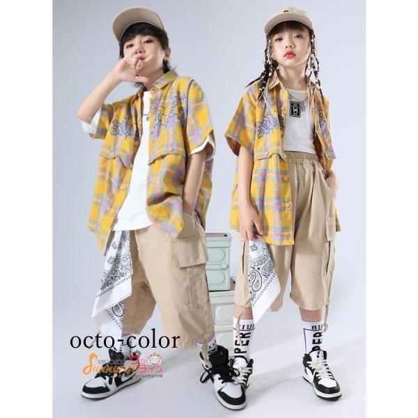 【ROSEBLINK】キッズダンス衣装 チアガール チェック柄シャツ ガールズ 子供服 派手 ヒップホップ カーキ 白短パン 応援着 ストリート系 団体服 ジャズ 韓国 ステージ衣装