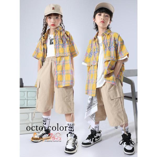 【ROSEBLINK】キッズダンス衣装 チアガール チェック柄シャツ ガールズ 子供服 派手 ヒップホップ カーキ 白短パン 応援着 ストリート系 団体服 ジャズ 韓国 ステージ衣装