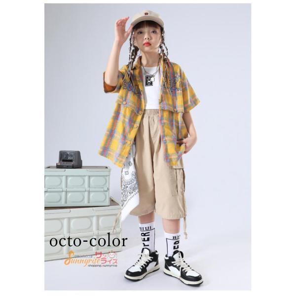 【ROSEBLINK】キッズダンス衣装 チアガール チェック柄シャツ ガールズ 子供服 派手 ヒップホップ カーキ 白短パン 応援着 ストリート系 団体服 ジャズ 韓国 ステージ衣装