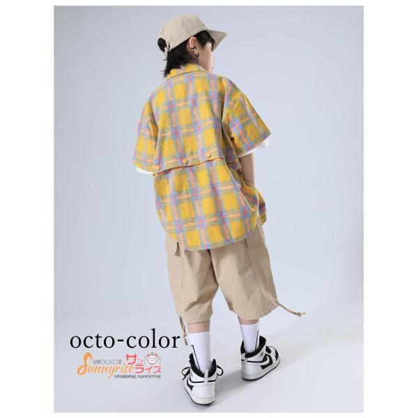 【ROSEBLINK】キッズダンス衣装 チアガール チェック柄シャツ ガールズ 子供服 派手 ヒップホップ カーキ 白短パン 応援着 ストリート系 団体服 ジャズ 韓国 ステージ衣装