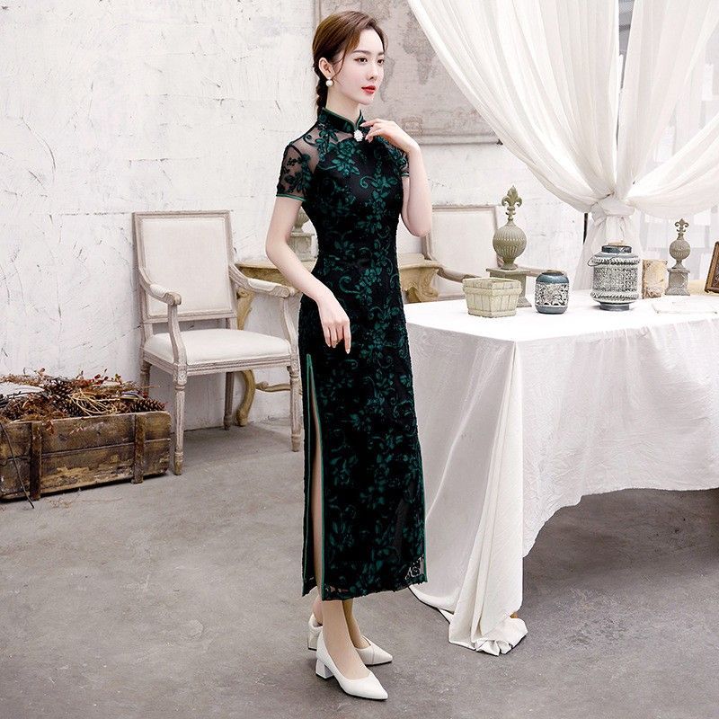 新しい風黒ロング改良チャイナドレス 2025 若い夏レトロドレス利用可能