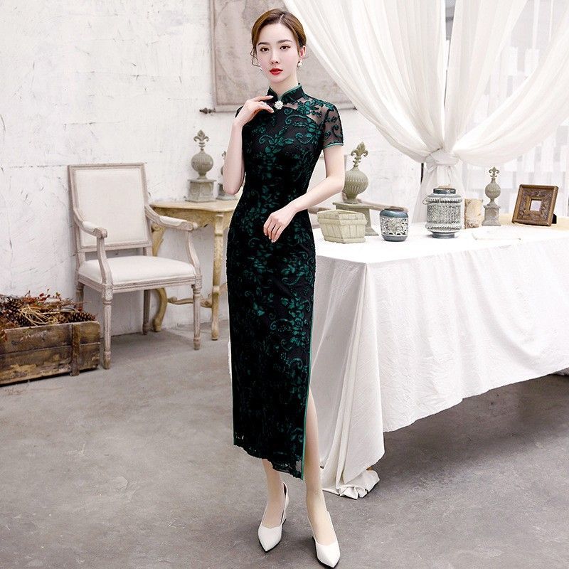 新しい風黒ロング改良チャイナドレス 2025 若い夏レトロドレス利用可能