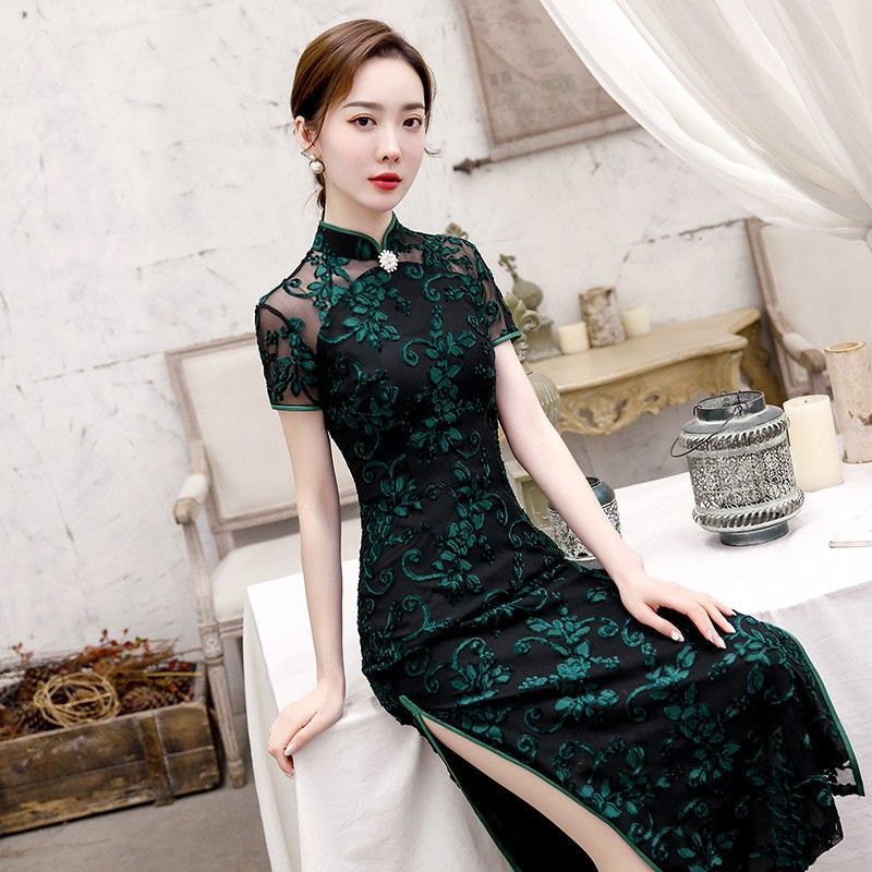 新しい風黒ロング改良チャイナドレス 2025 若い夏レトロドレス利用可能
