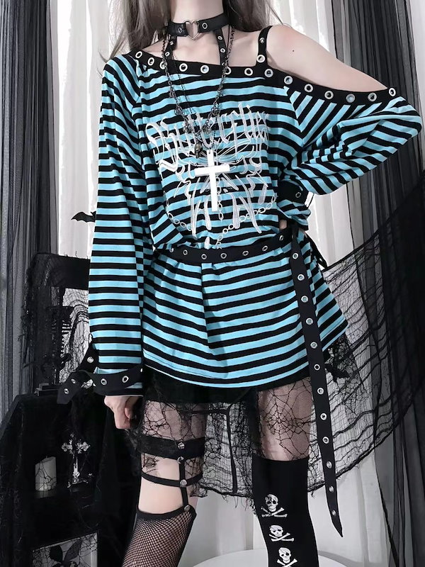 長袖シャツ オフショルダー レディース 病み可愛い ハイネック トップス tシャツ 春夏 薄手 地雷系 かわいい 漫画柄 アニメ風 パンク Qoo10] 地雷系 病み可愛い オフショルダー 長袖