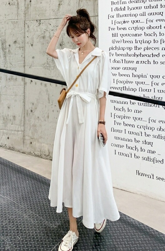 激安価格！開襟 シャツ ワンピース レディース 半袖 五分袖 シャツワンピ フレア ゆったり 3色 ロング丈 リボン ウエストマーク シンプル カジュアル 大人 上品 おしゃれ お洒落 大人可愛い ラ