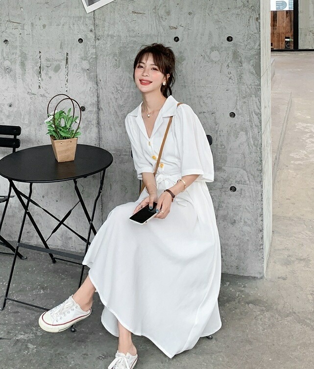 激安価格！開襟 シャツ ワンピース レディース 半袖 五分袖 シャツワンピ フレア ゆったり 3色 ロング丈 リボン ウエストマーク シンプル カジュアル 大人 上品 おしゃれ お洒落 大人可愛い ラ