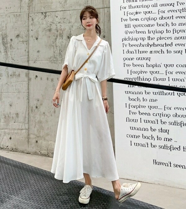 激安価格！開襟 シャツ ワンピース レディース 半袖 五分袖 シャツワンピ フレア ゆったり 3色 ロング丈 リボン ウエストマーク シンプル カジュアル 大人 上品 おしゃれ お洒落 大人可愛い ラ