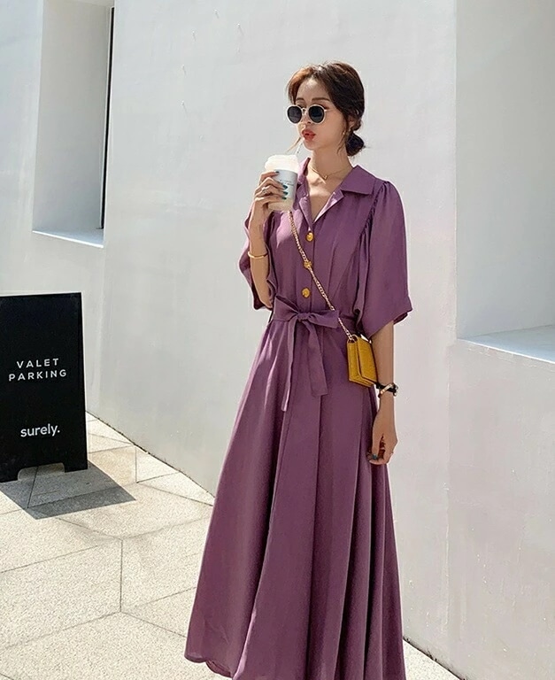 激安価格！開襟 シャツ ワンピース レディース 半袖 五分袖 シャツワンピ フレア ゆったり 3色 ロング丈 リボン ウエストマーク シンプル カジュアル 大人 上品 おしゃれ お洒落 大人可愛い ラ