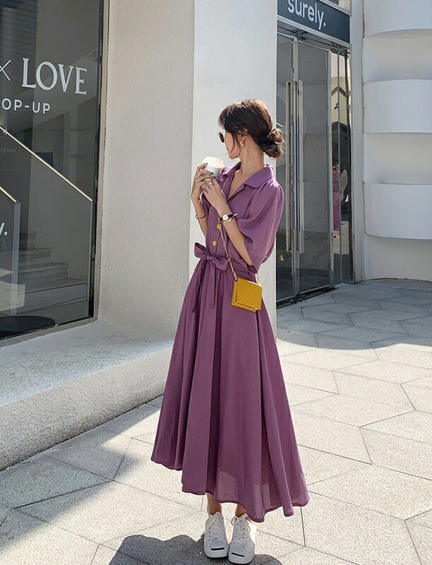 激安価格！開襟 シャツ ワンピース レディース 半袖 五分袖 シャツワンピ フレア ゆったり 3色 ロング丈 リボン ウエストマーク シンプル カジュアル 大人 上品 おしゃれ お洒落 大人可愛い ラ